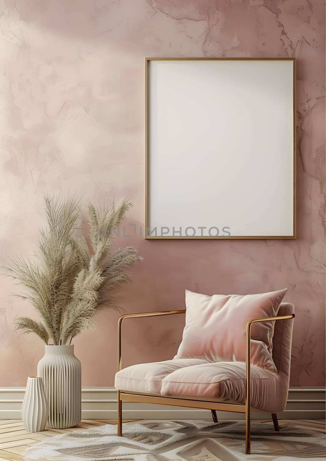 An interior design featuring a pinkwalled living room with a wooden chair, a vase of pampas grass, and a picture frame on the wall, creating a comfortable and stylish space in the house