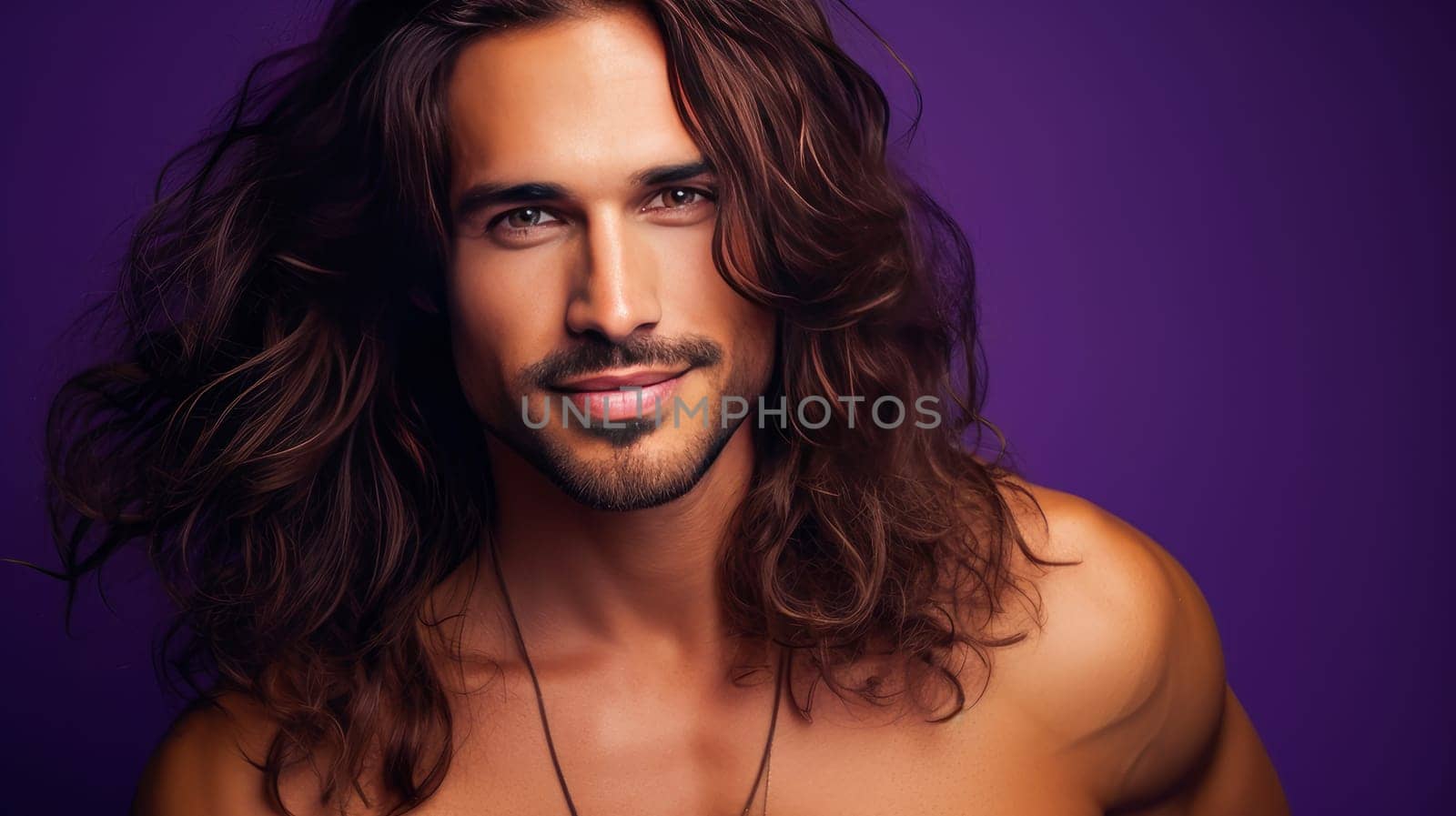 Portrait of an elegant sexy smiling Latino man with perfect skin and long hair, on a purple background. Advertising of cosmetic products, spa treatments shampoos and hair care products, dentistry and medicine, perfumes and cosmetology for men
