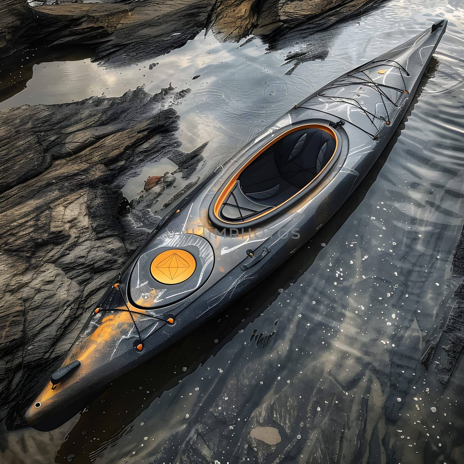 A striking black and orange kayak glides peacefully on the waters surface by Nadtochiy