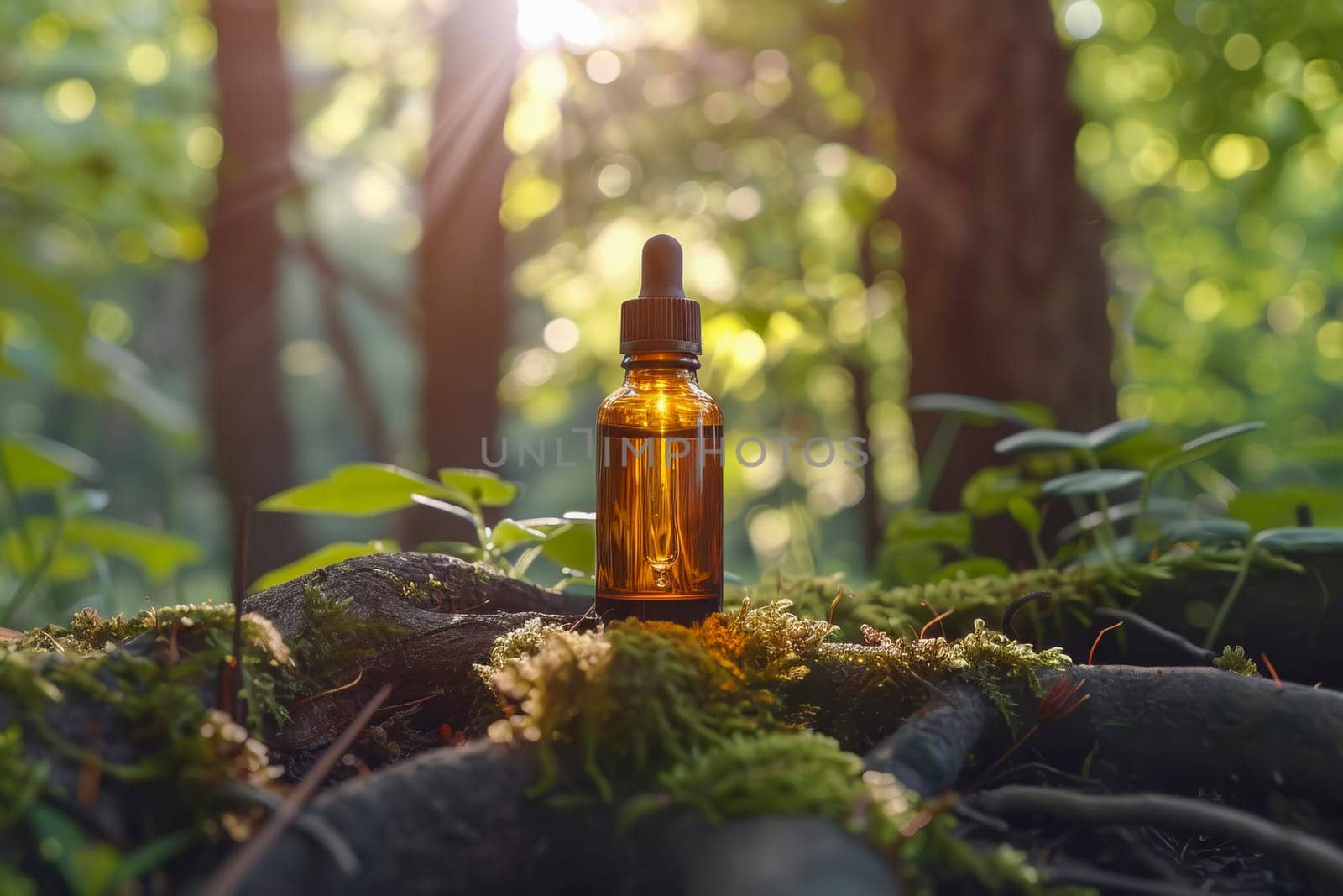 An amber-colored essential oil bottle with a dropper cap sits on the forest floor, among trees, roots, moss and grass in natural light. Natural cosmetics, healthy lifestyle. AI generated.