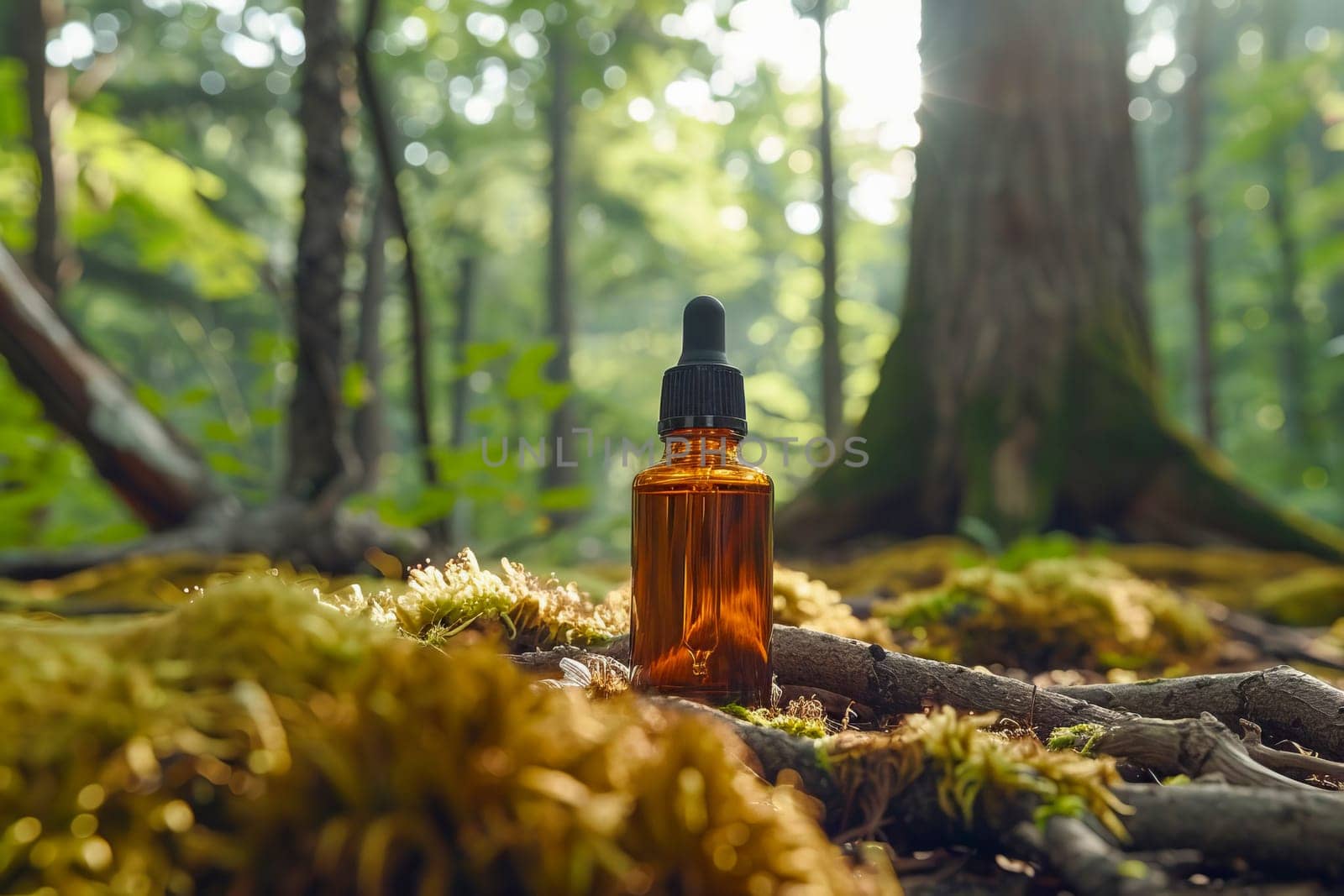 An amber-colored essential oil bottle with a dropper cap sits on the forest floor, among trees, roots, moss and grass in natural light. Natural cosmetics, healthy lifestyle. AI generated.
