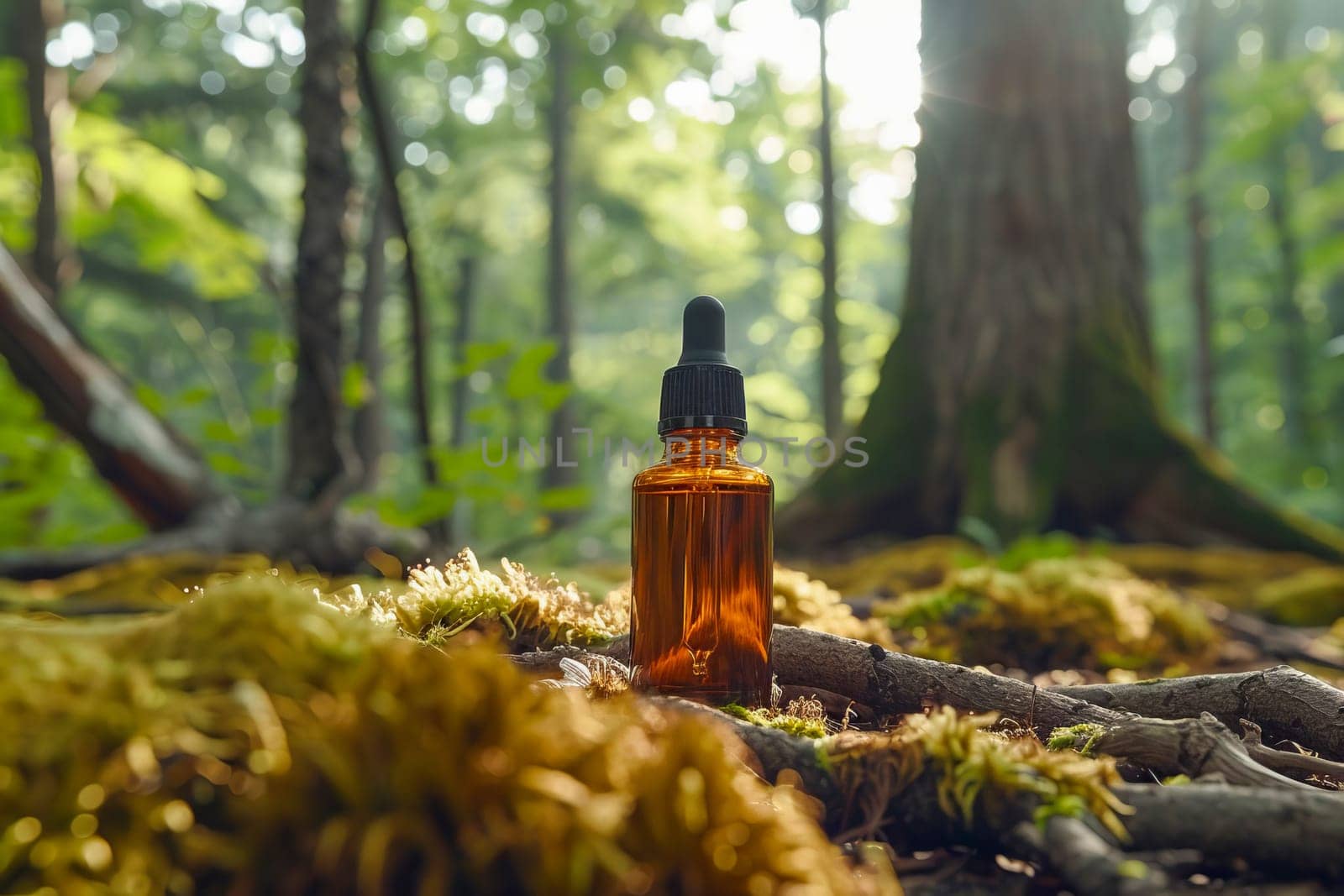 An essential oil bottle with a dropper cap on the forest floor. AI generated. by OlgaGubskaya