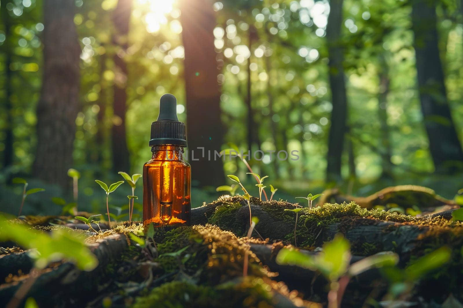 An amber-colored essential oil bottle with a dropper cap sits on the forest floor, among trees, roots, moss and grass in natural light. Natural cosmetics, healthy lifestyle. AI generated.