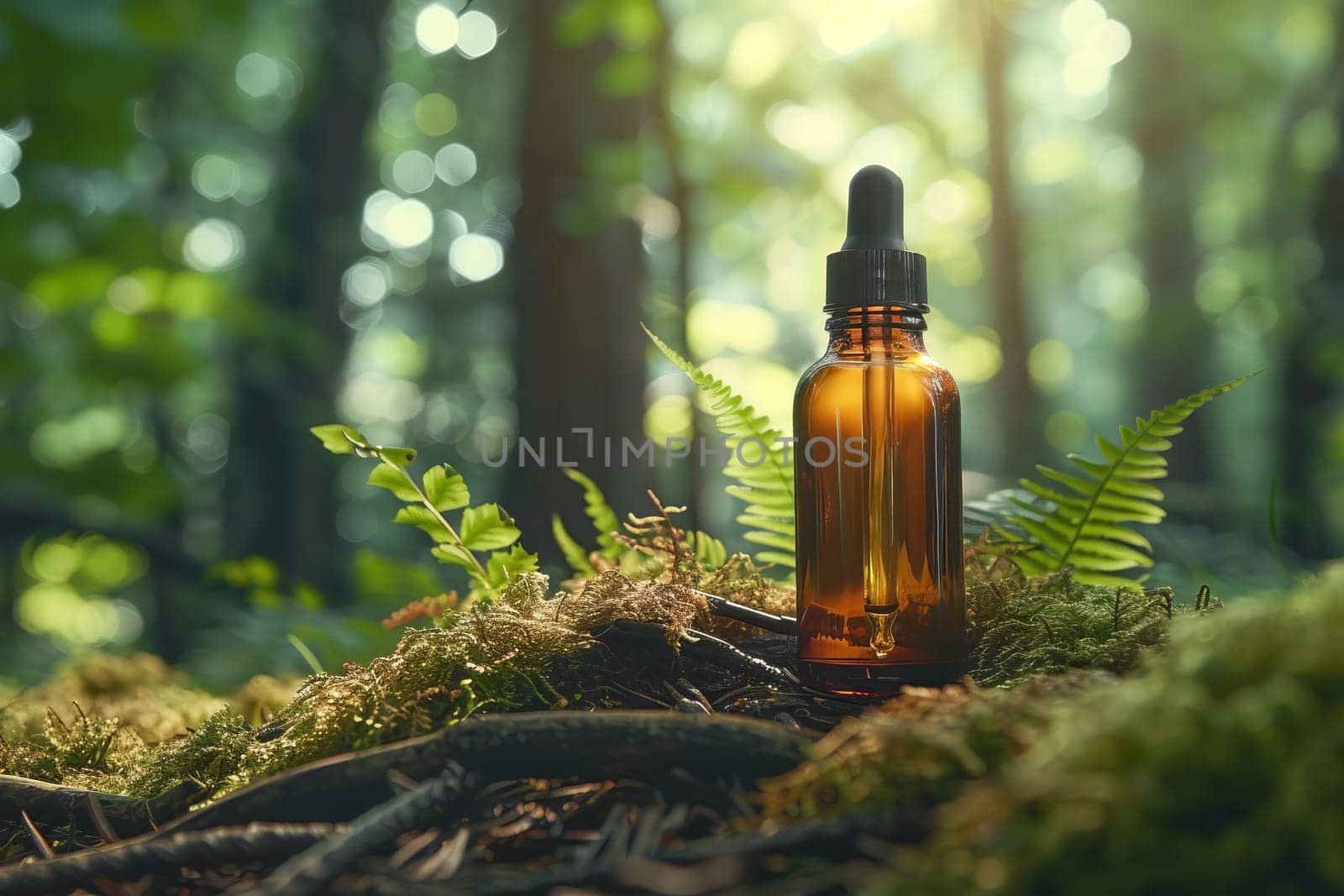 An amber-colored essential oil bottle with a dropper cap sits on the forest floor, among trees, roots, moss and grass in natural light. Natural cosmetics, healthy lifestyle. AI generated.