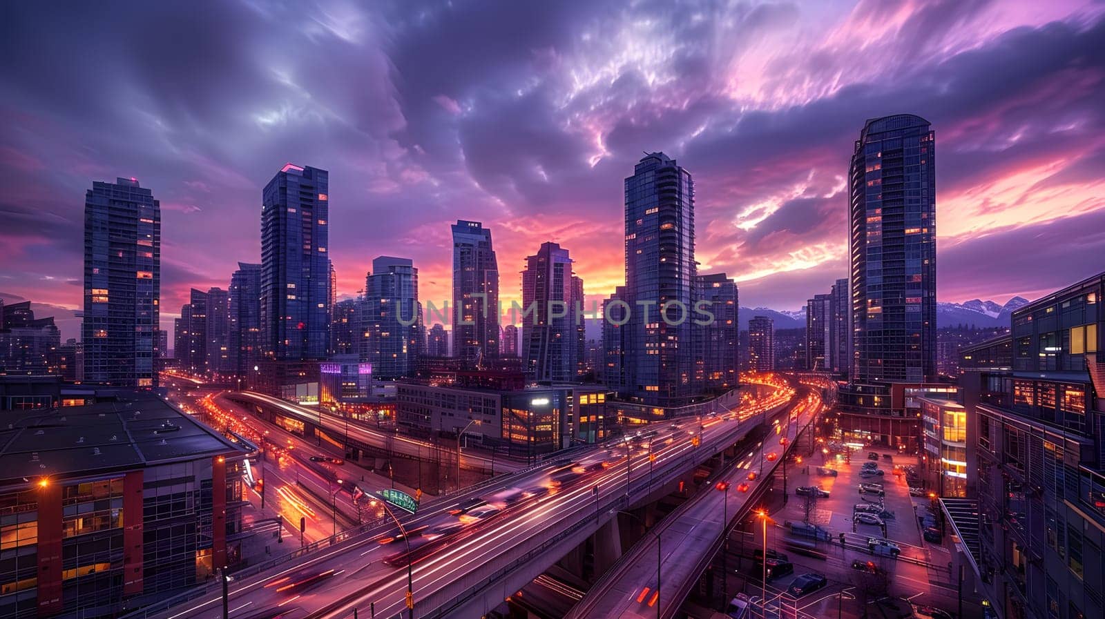 A cityscape at dusk from a birds eye view, showcasing towering skyscrapers and tower blocks against a colorful sky with clouds, with a bridge in the foreground