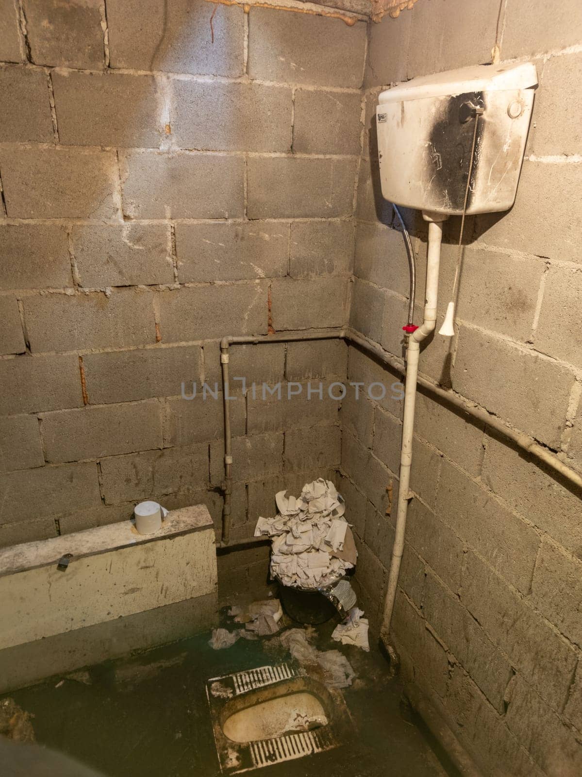 Dirty toilet room with pile of used toilet paper in the corner, uncoated concrete flooring and cinder brick walls. by z1b