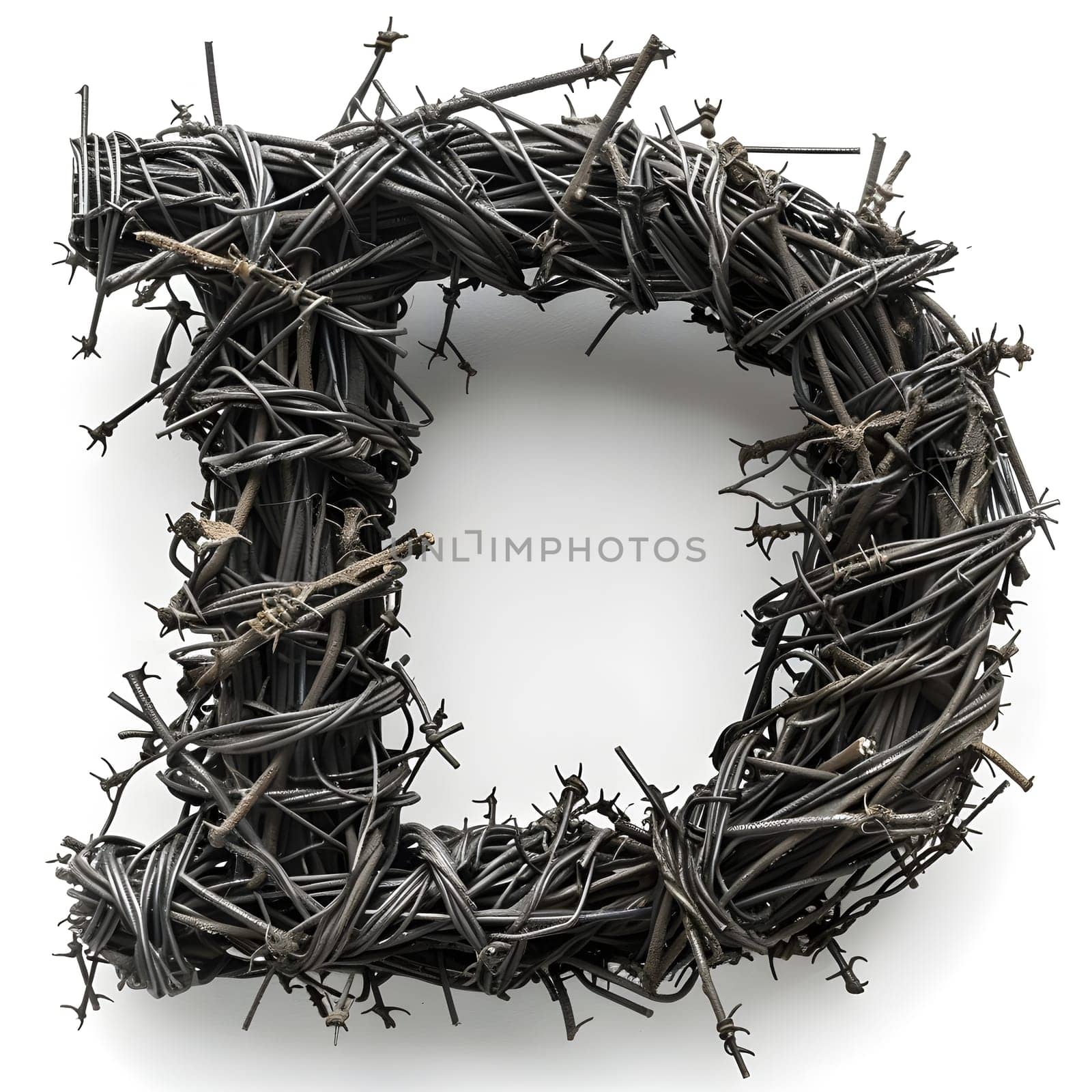 Twig wreath on white background shaped in the letter d, made of barbed wire by Nadtochiy