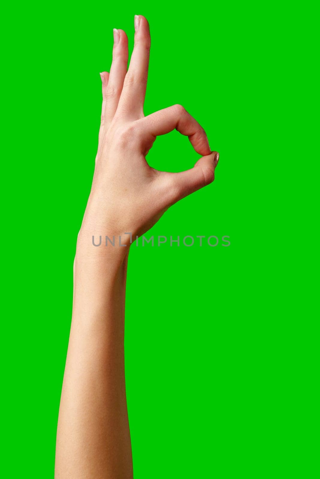 Hand Gesturing Okay Sign Against a Vibrant Green Background by Fabrikasimf