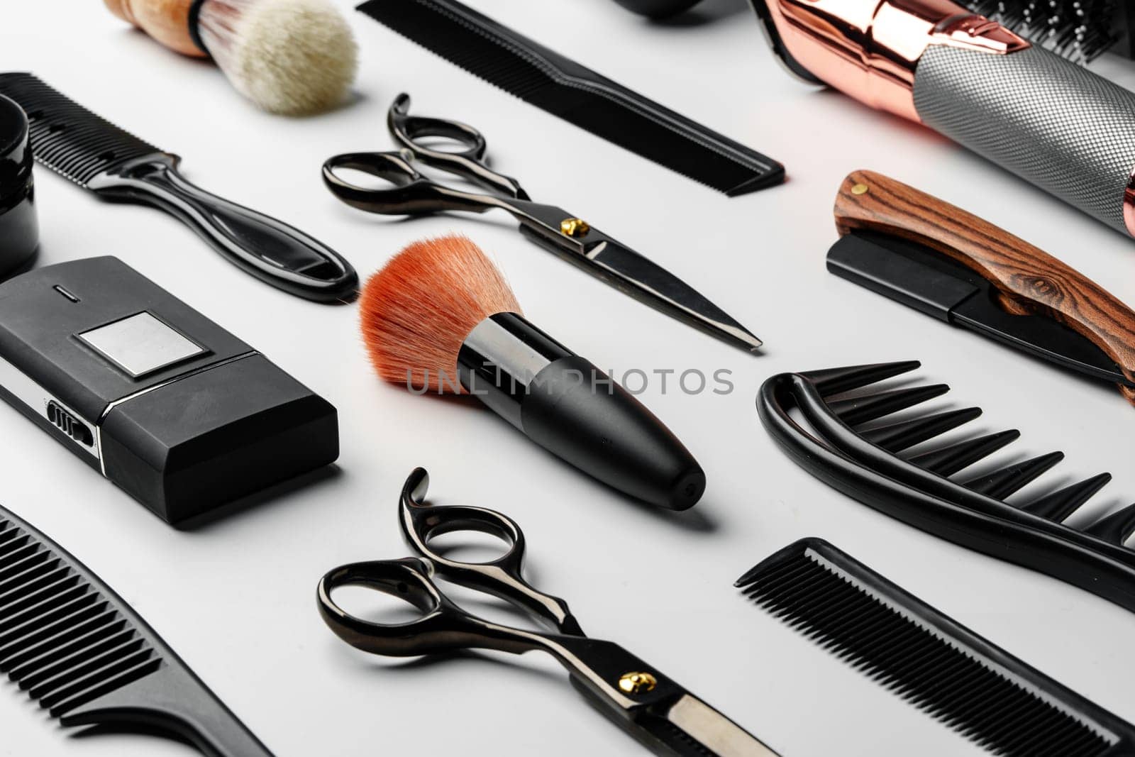 Pattern of various shaving and bauty care accessories for men on gray background flat lay