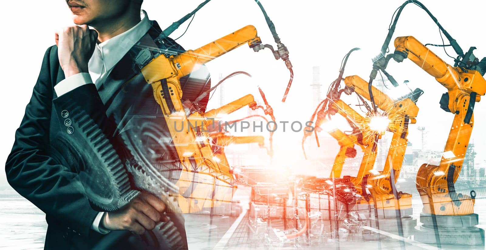 MLB Mechanized industry robot arm and factory worker double exposure. Concept of robotics technology for industrial revolution and automated manufacturing process.