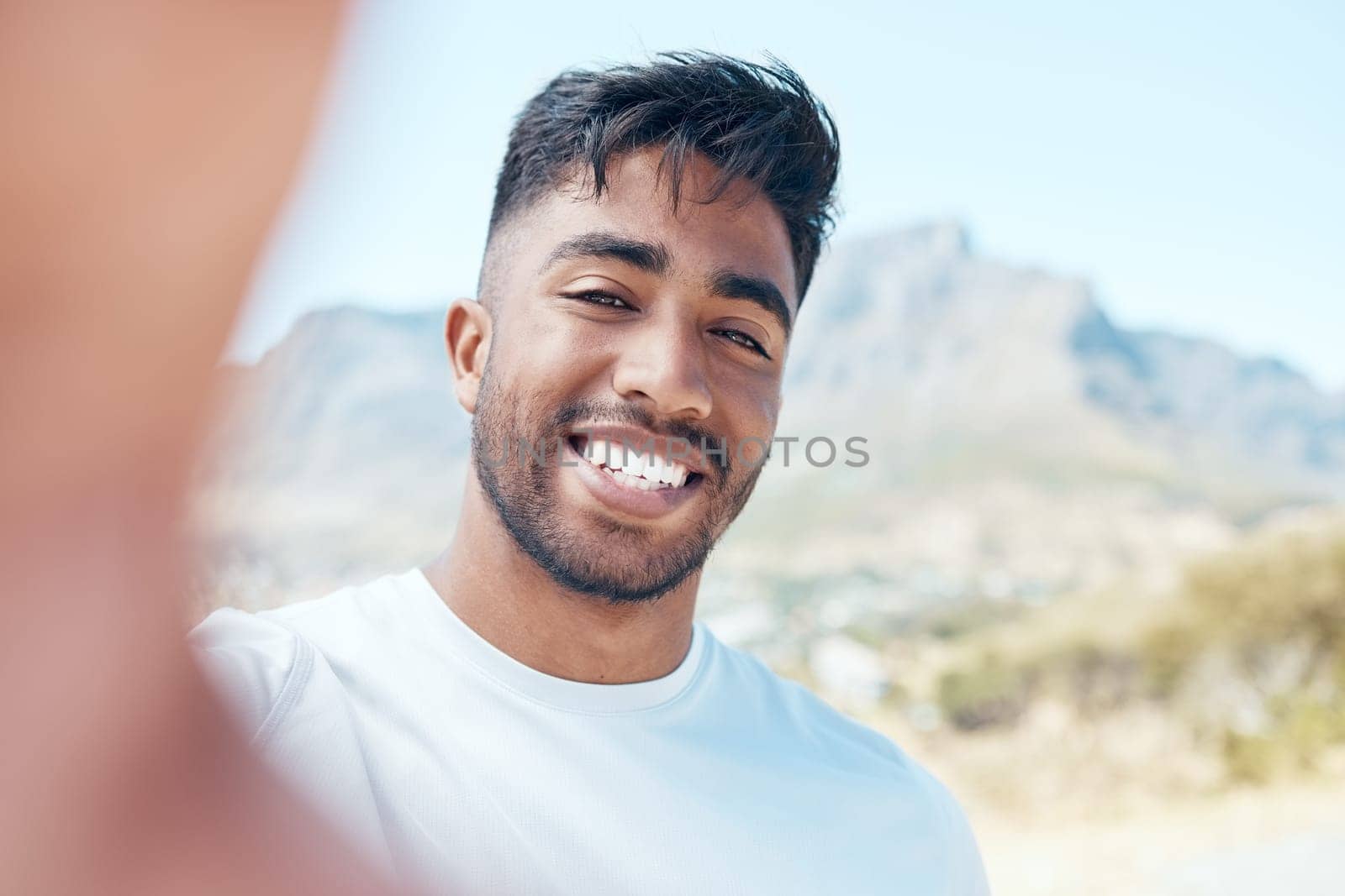 Happy man, portrait and fitness with selfie for memory, photography or picture on mountain in nature. Face of young male person or athlete with smile for workout moment, exercise or training review by YuriArcurs