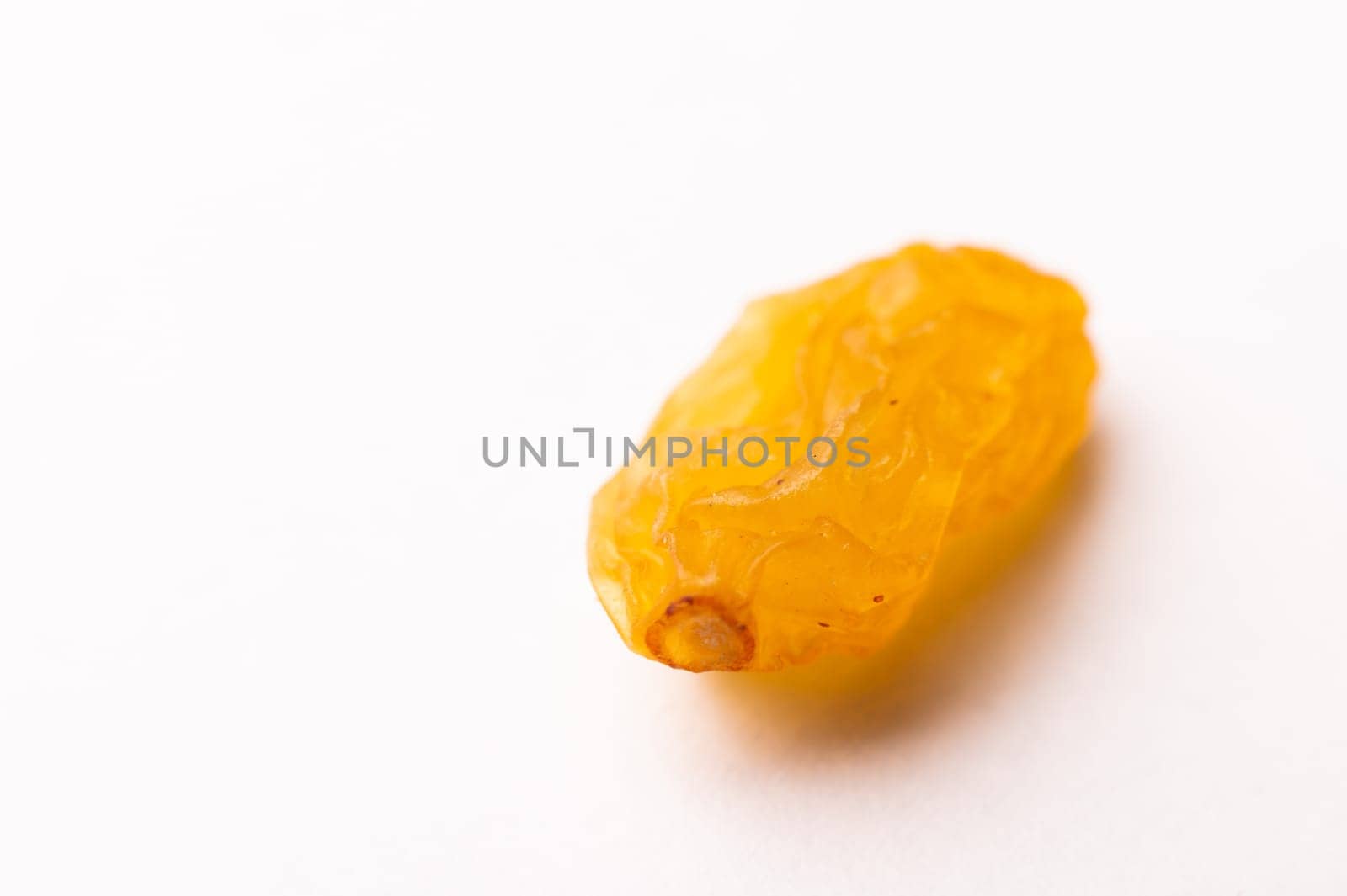 macro photograph of one raisin on a white background, side view.