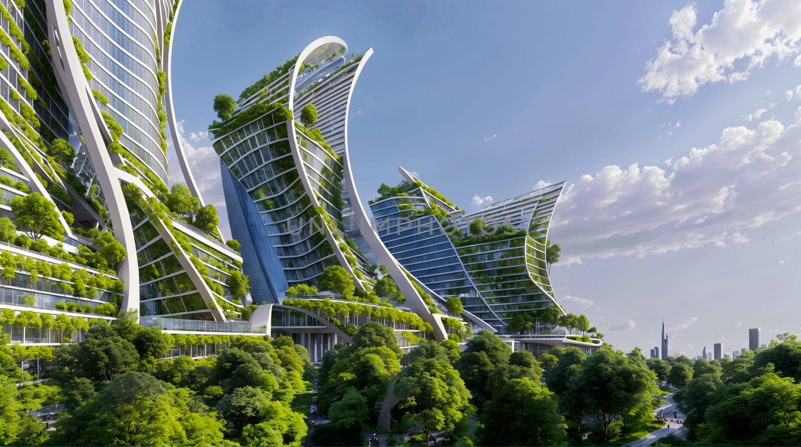 A photo of several buildings that have trees growing on them - Ecology and sustainability concept - Generative AI