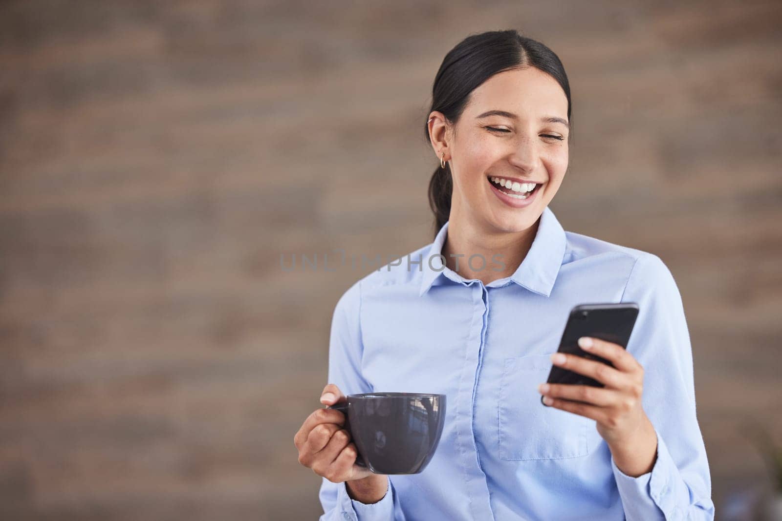 Business woman, phone and coffee with laughing on tech break with social media and meme scroll. Company, technology and funny mobile message of a professional with online and digital app of worker by YuriArcurs