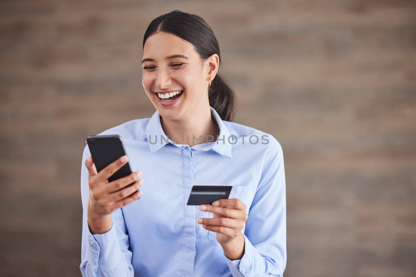 Business person, phone and online shopping in an office with tech break, buying and store website scroll. Company, technology and mobile of a professional with purchase and digital app of worker by YuriArcurs