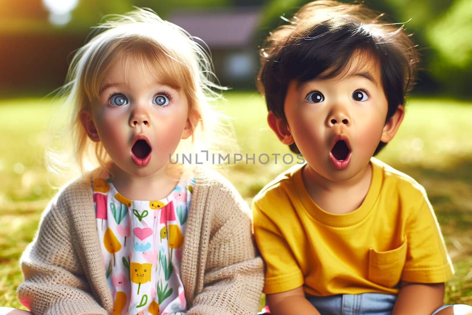 two surprised kids with open mouths in the park.