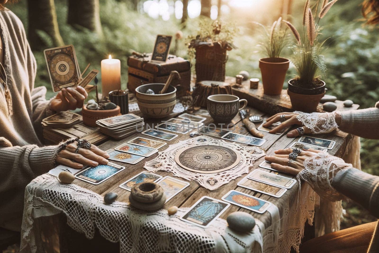 Two women lay out tarot cards on a table in the garden, esoteric attributes.