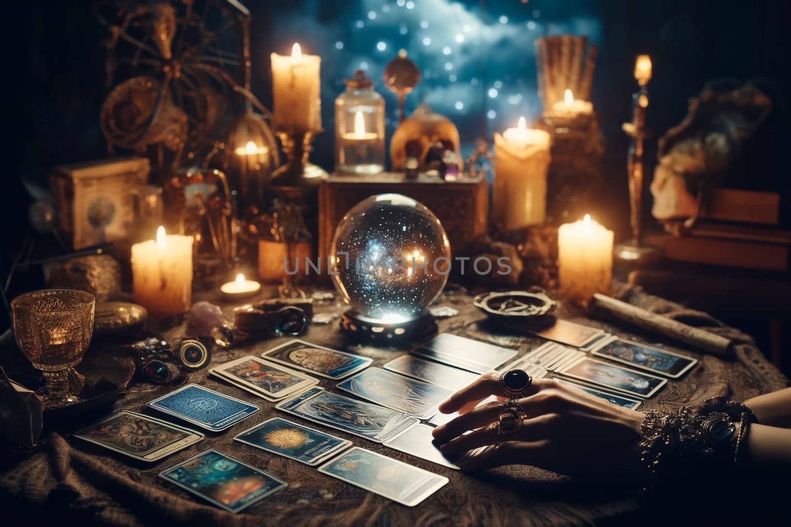 Fortune telling with Tarot cards in a mystical setting with burning candles.
