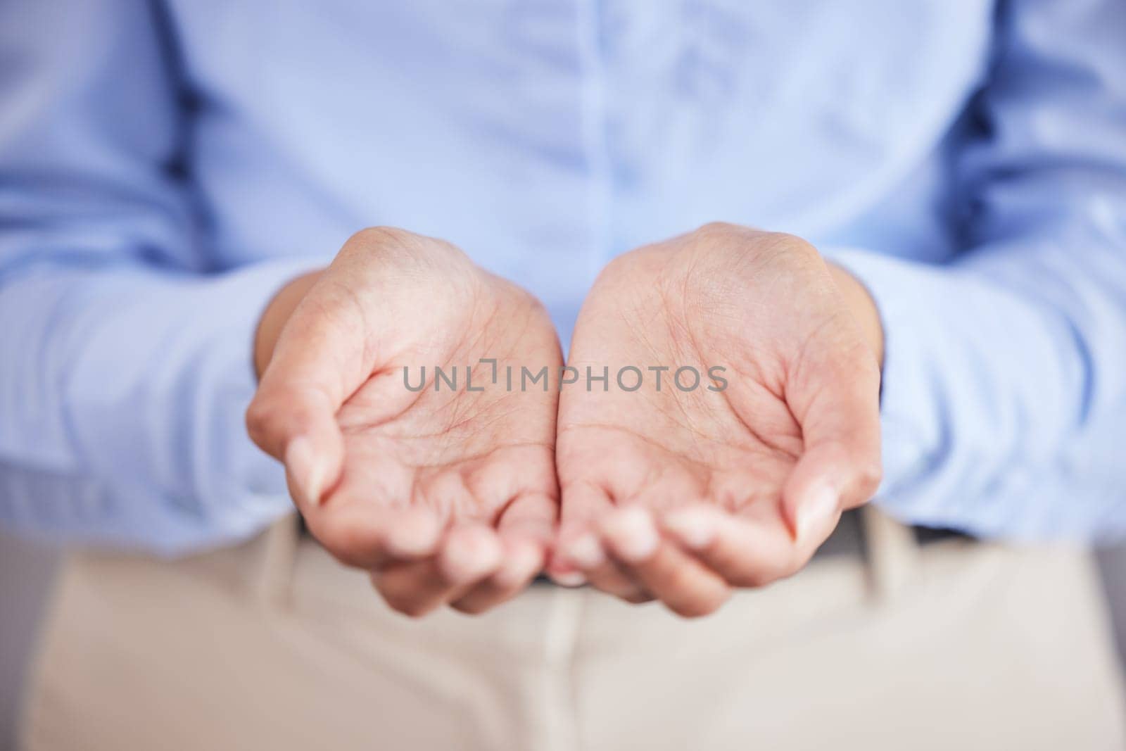 Business person, palms and charity in office with donation question and asking for support. Insurance, worker and hope of professional with open hands and begging gesture at company with compassion.