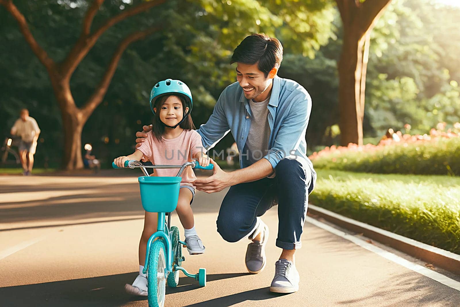 Dad teaches little daughter to ride a bike, Father's Day concept.