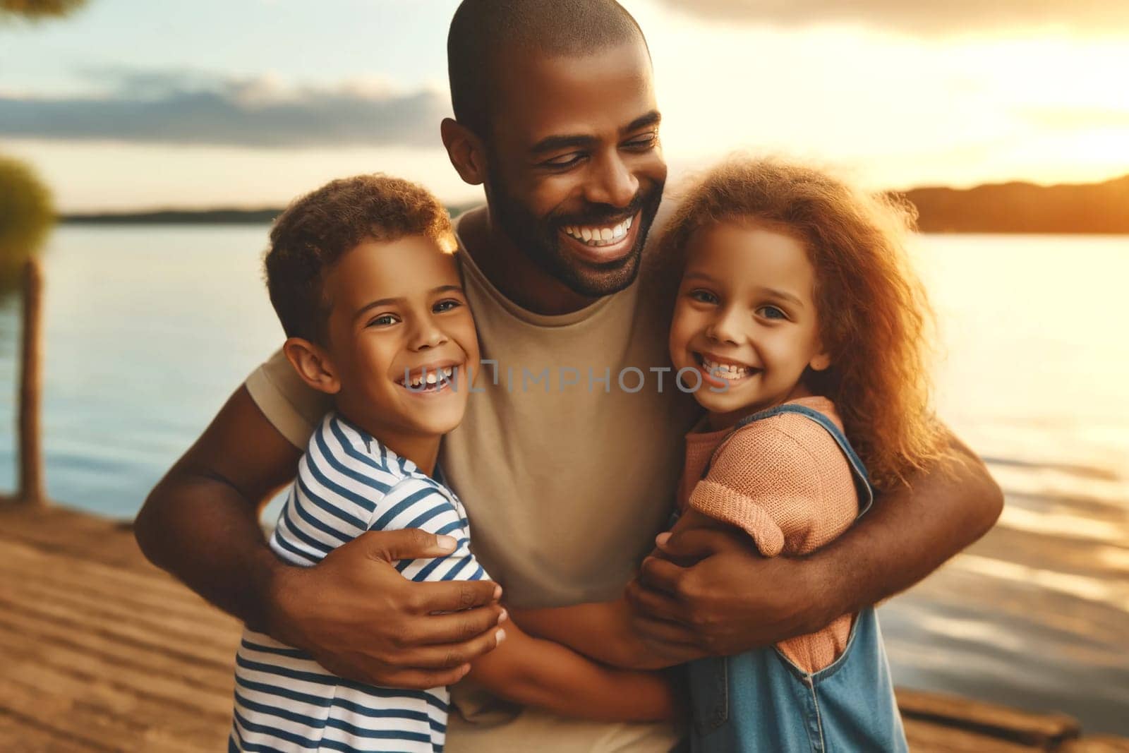 father hugs his two children on the shore of a lake at sunset, Father's Day concept