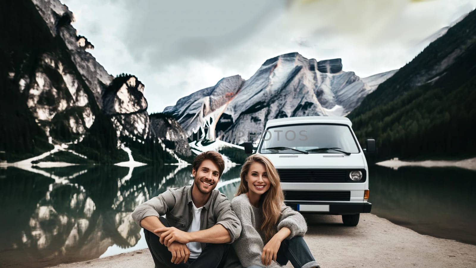 close up of a modern camper van parked on the shore of a mountain lake with a couple enjoying the scenery by Annado