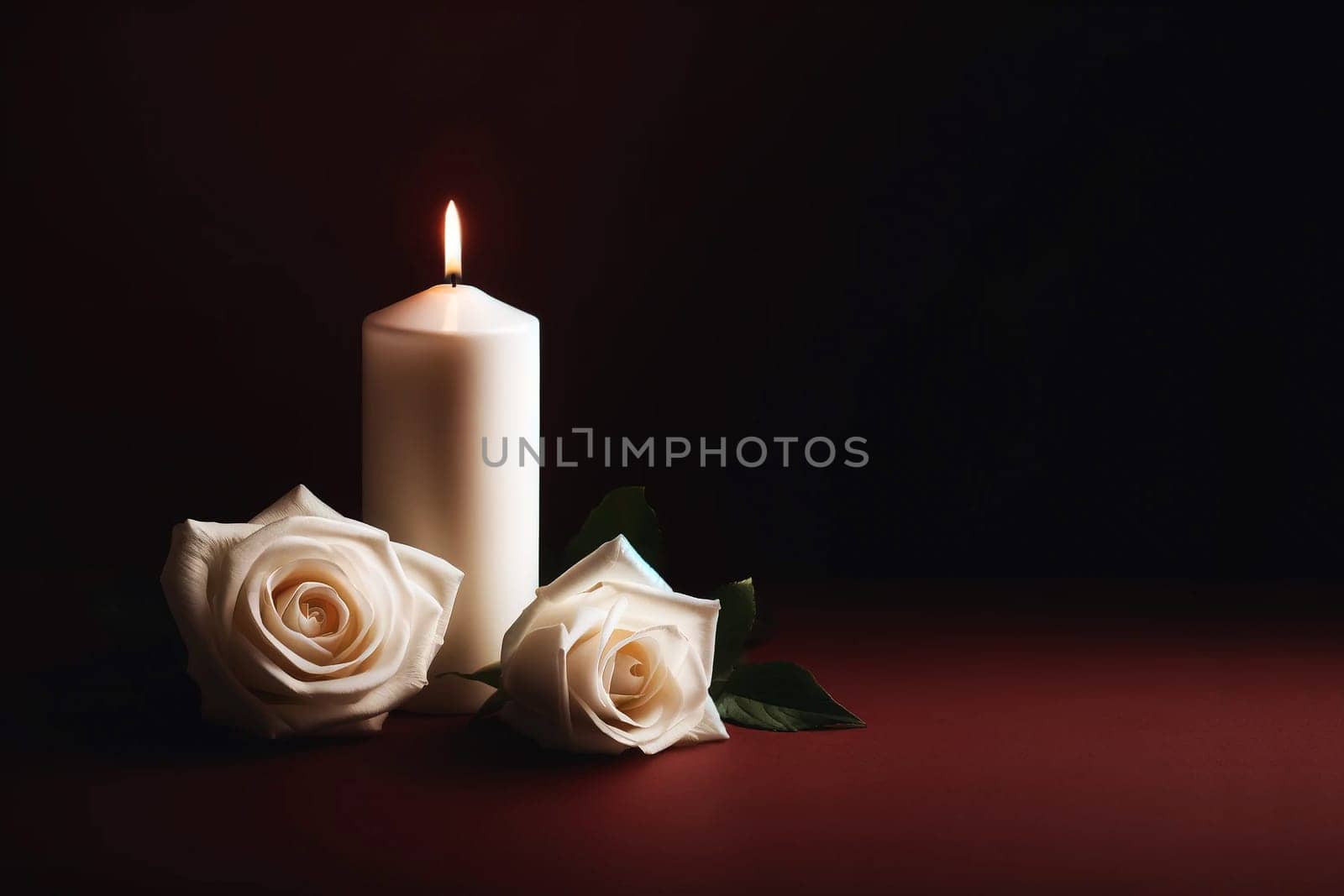 white candle and two white roses on a very dark burgundy background, a symbol of mourning and memory, copy space