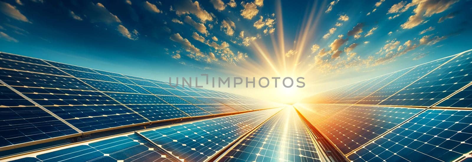 horizontal panorama of solar in sunlight, green energy concept.