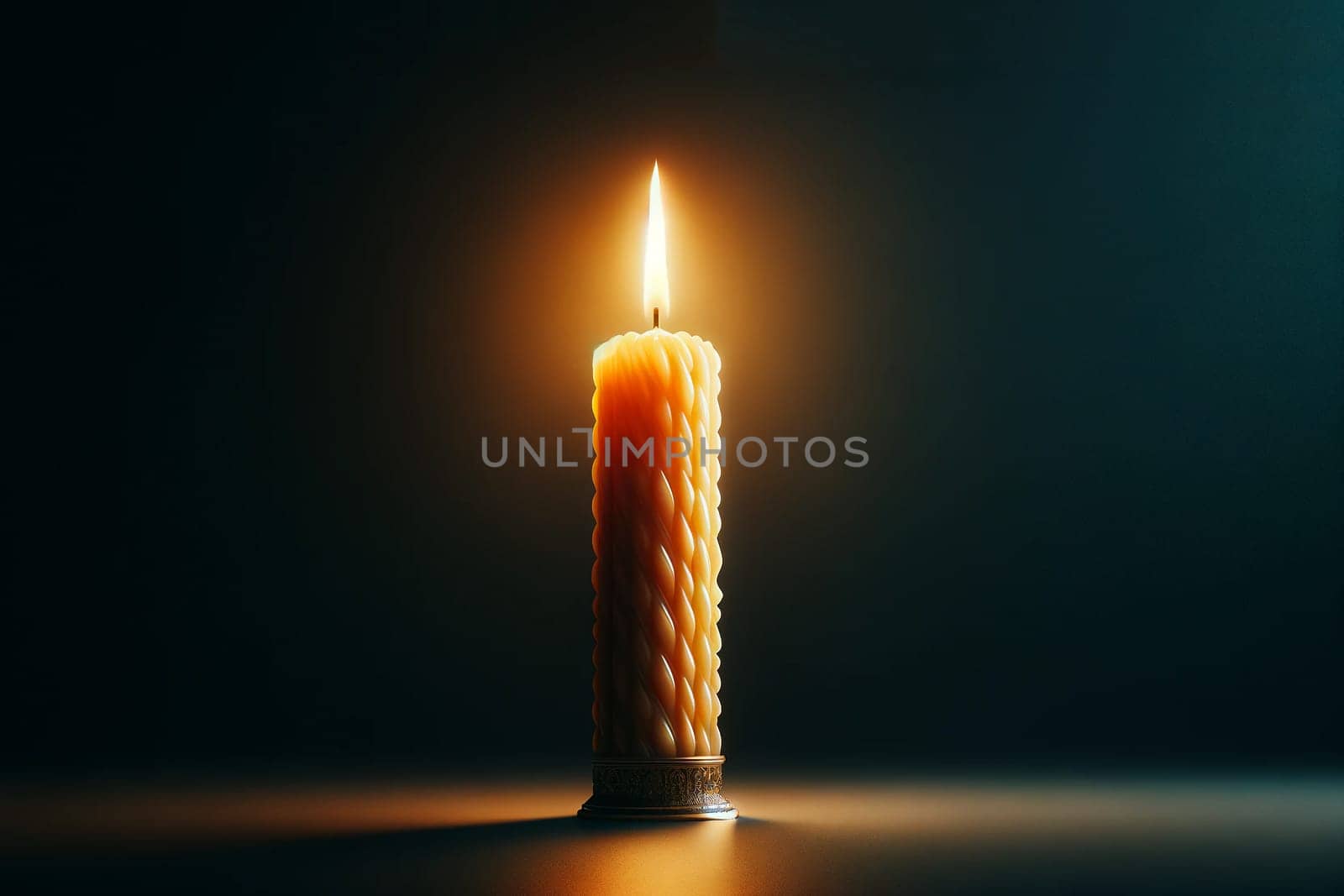 Warm light of the flame of a burning church wax candle on a dark background by Annado