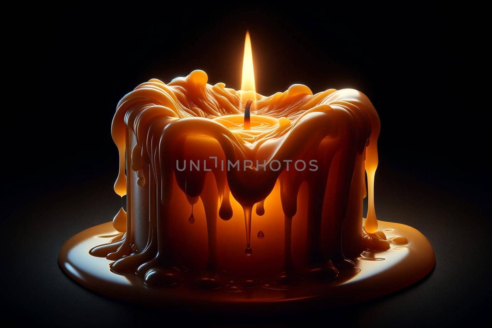 burning wax candle on a black background, conveying the detailed texture of melting wax and the warm glow of the flame.