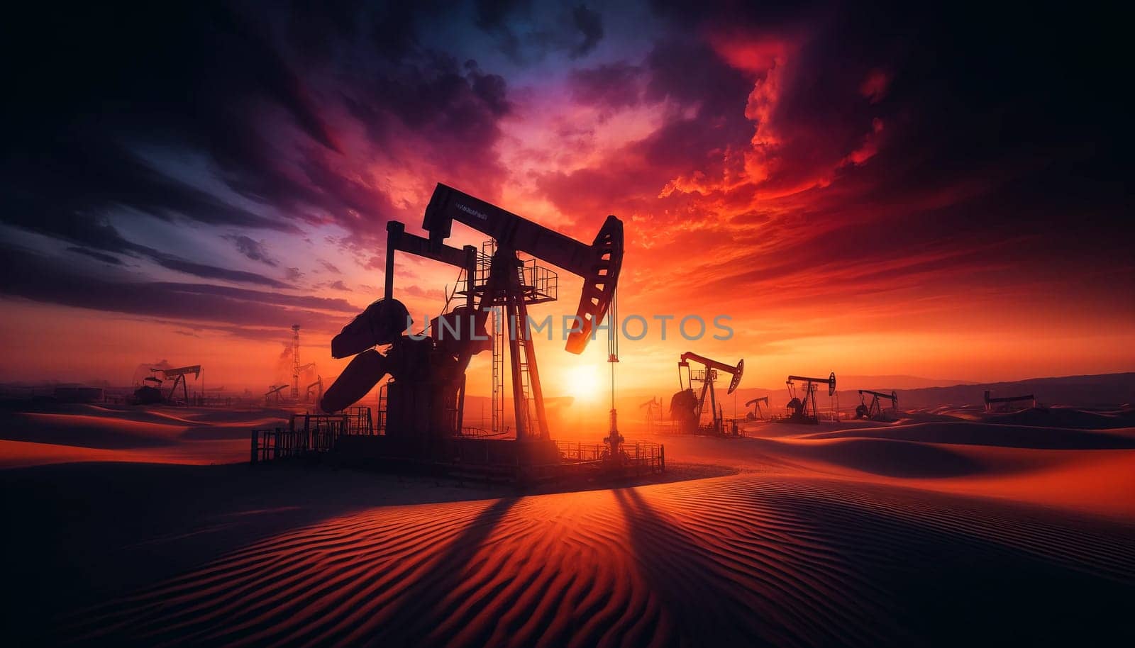 Silhouettes of oil drilling pumps with long shadows in the desert at a beautiful purple sunset.