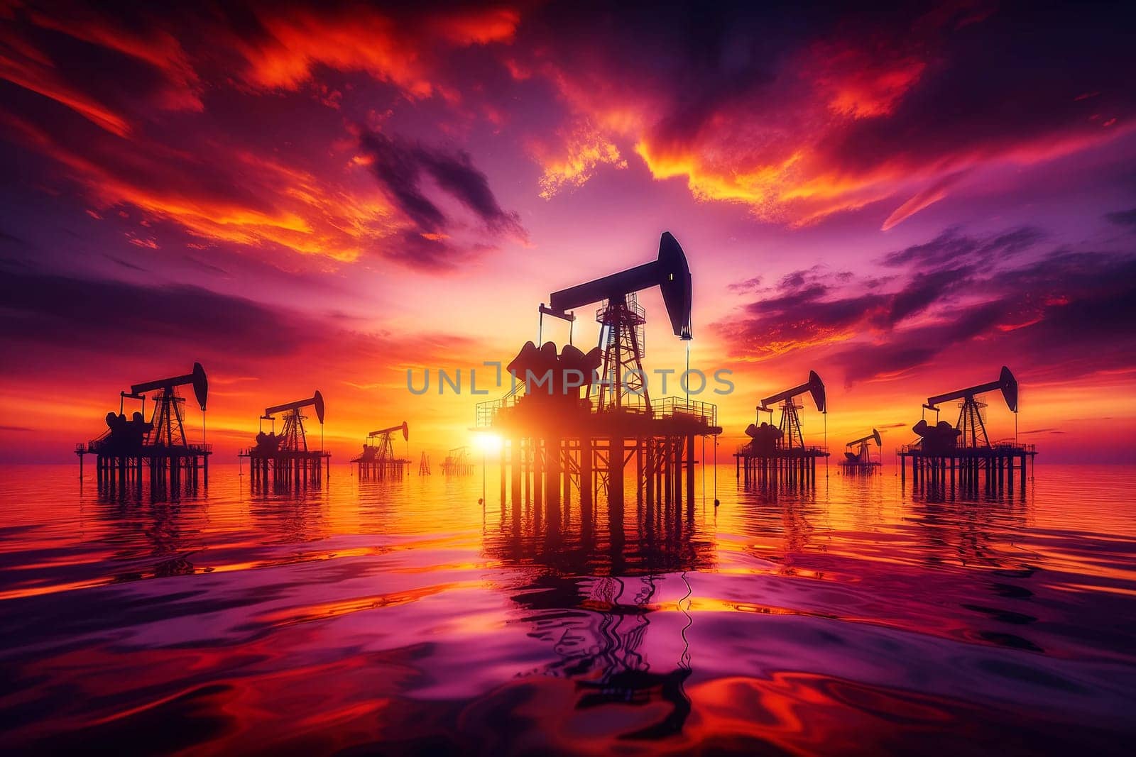 oil pump jacks in the sea against the backdrop of a bright sunset, a concept for the dramatic interaction of industrial activity and natural beauty
