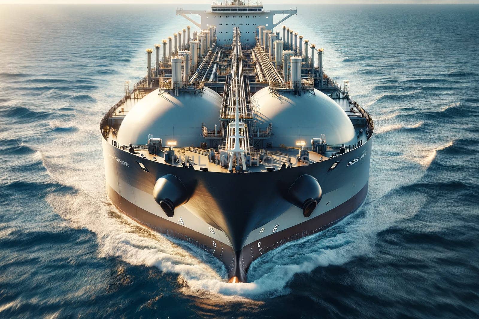 front profile of a liquefied gas tanker close-up and cylindrical tanks in the background.