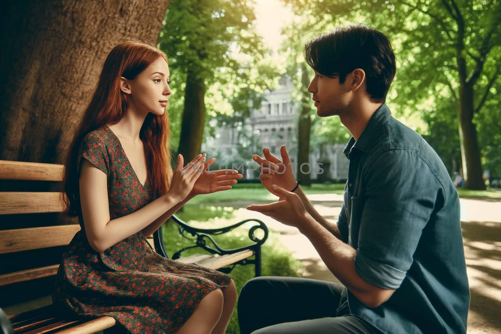 Deaf and mute guy and girl communicate using sign language in the park by Annado