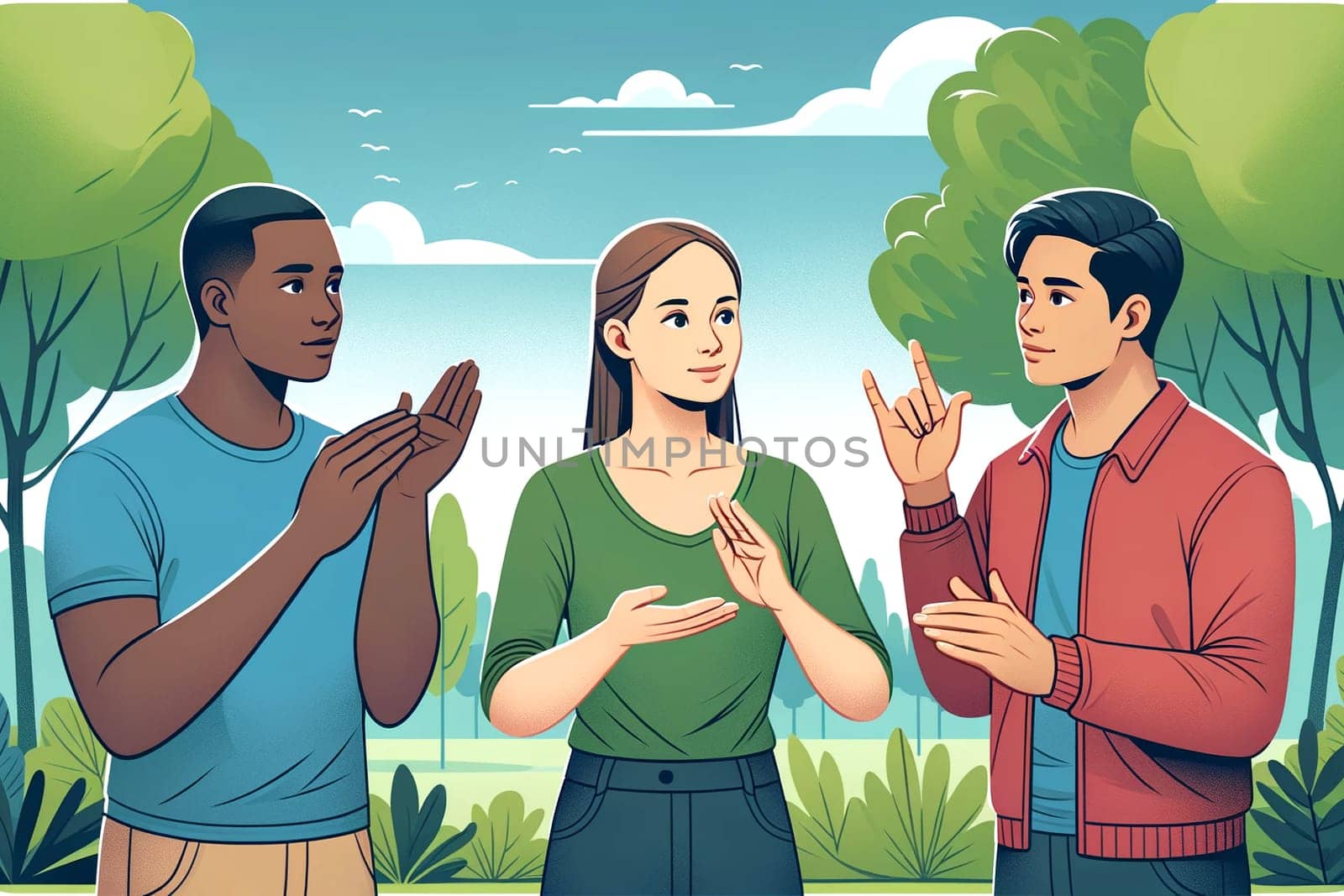 Two deaf and mute guys and a girl communicate in sign language in the park by Annado