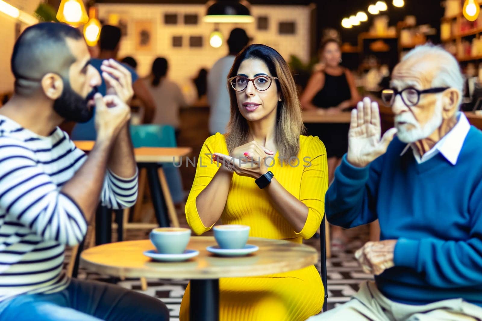 Hispanic family communicating in sign language in a cafe by Annado