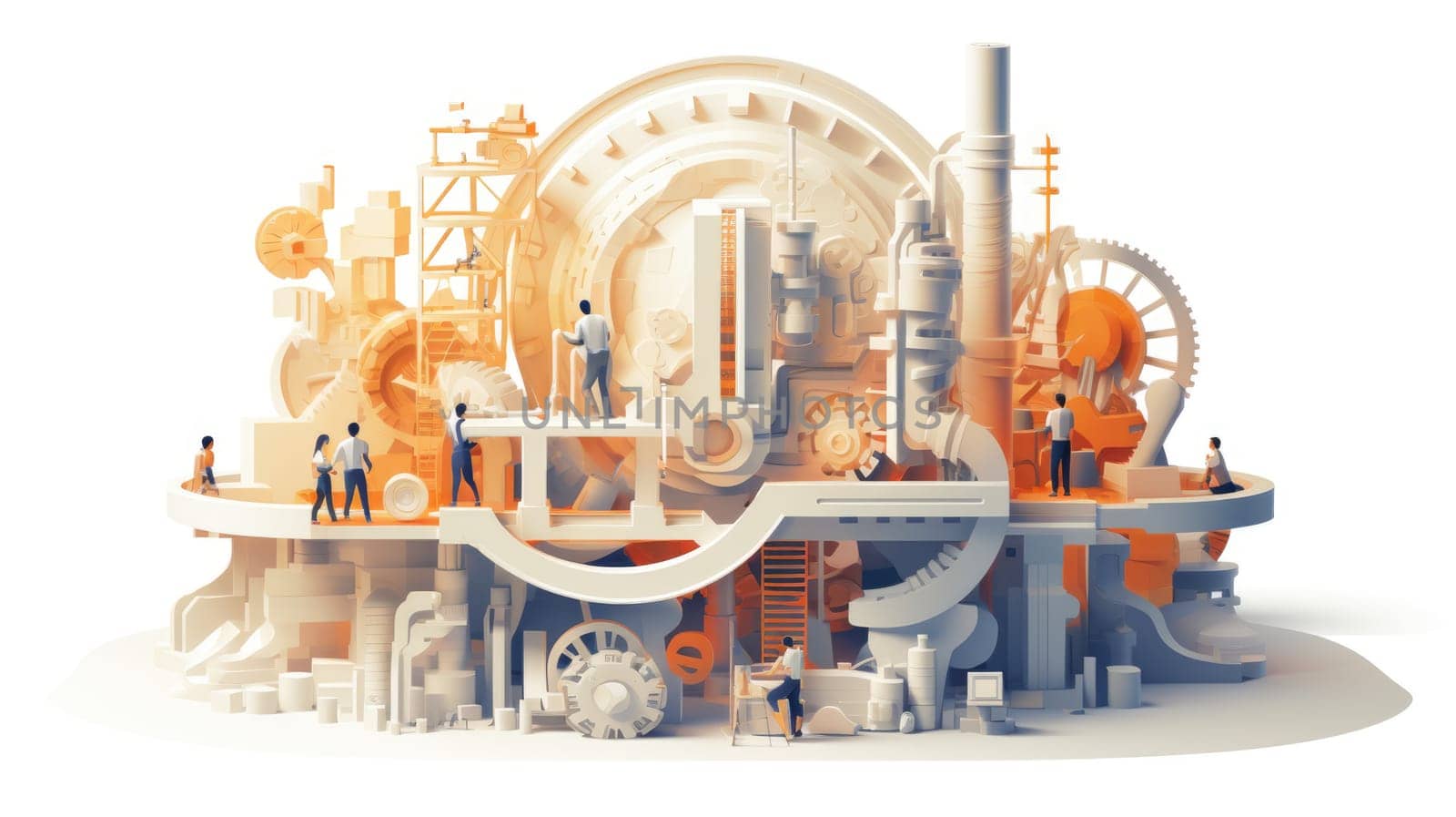 3D printing revolution cartoon illustration - AI generated. People, gear, factory, 3d.