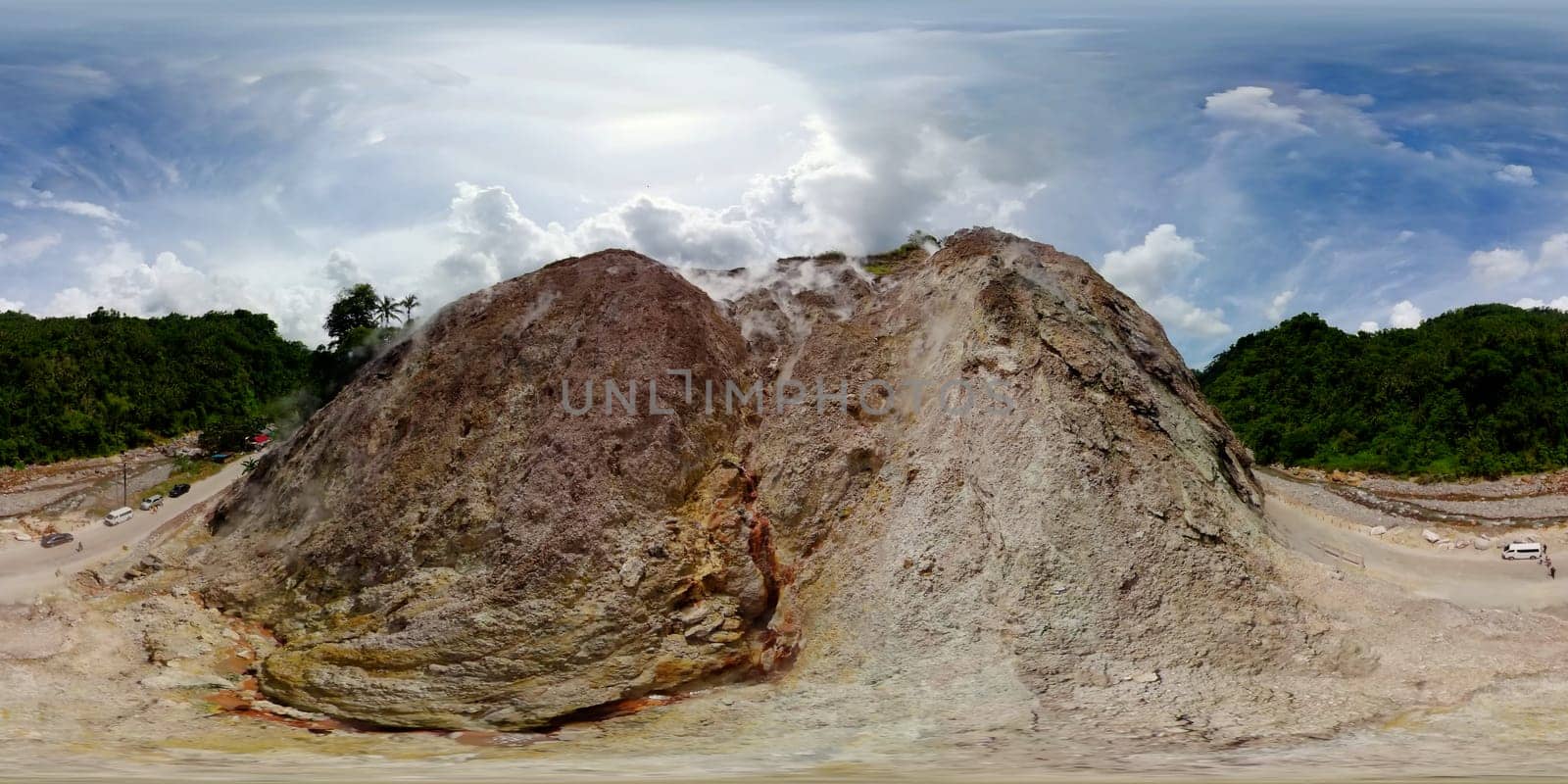 Hot Steam in Geothermal Area. Mag-Aso Volcanic Steam Spring. Negros, Philippines. 360 panorama VR.