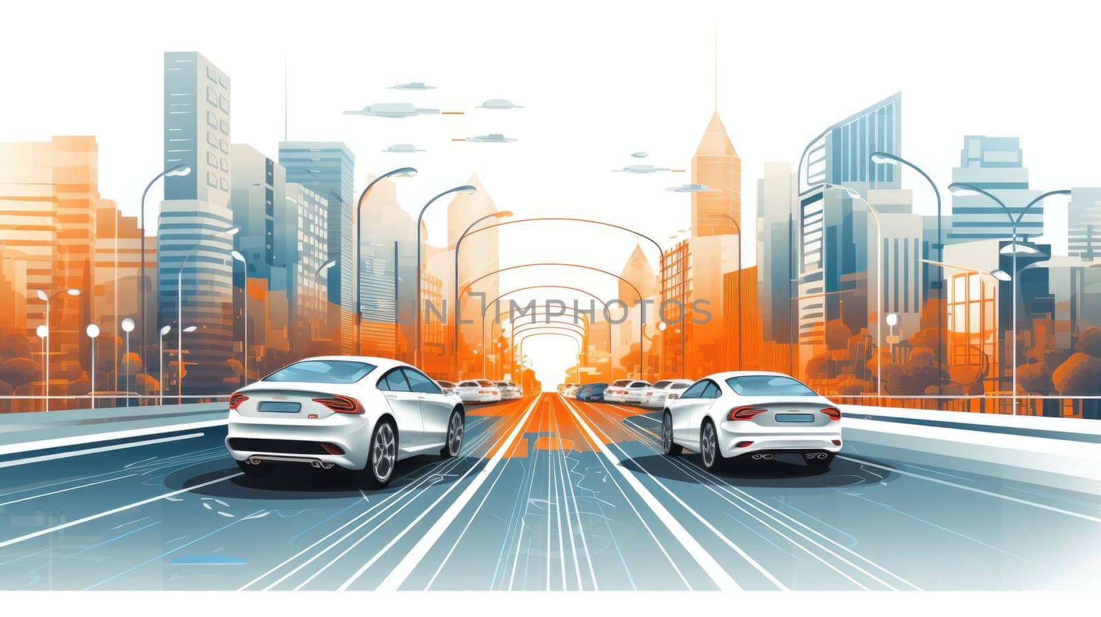 Autonomous vehicles cartoon illustration - Generative AI. Cars, road, city, street. by simakovavector