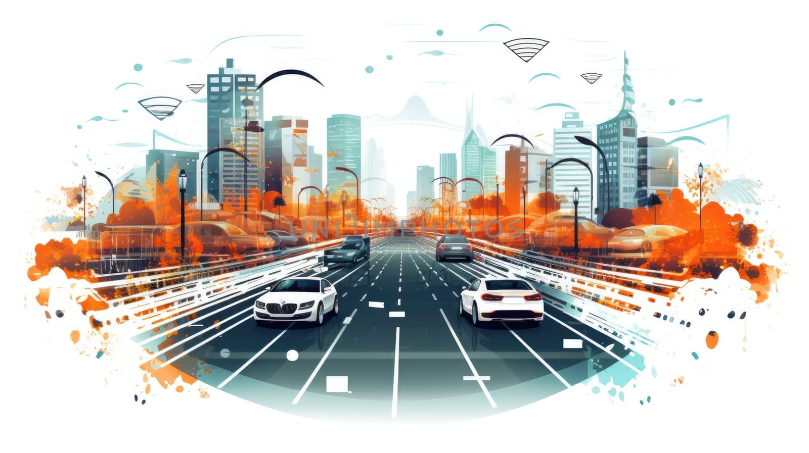Autonomous vehicles cartoon illustration - Generative AI. Cars, road, city, street. by simakovavector