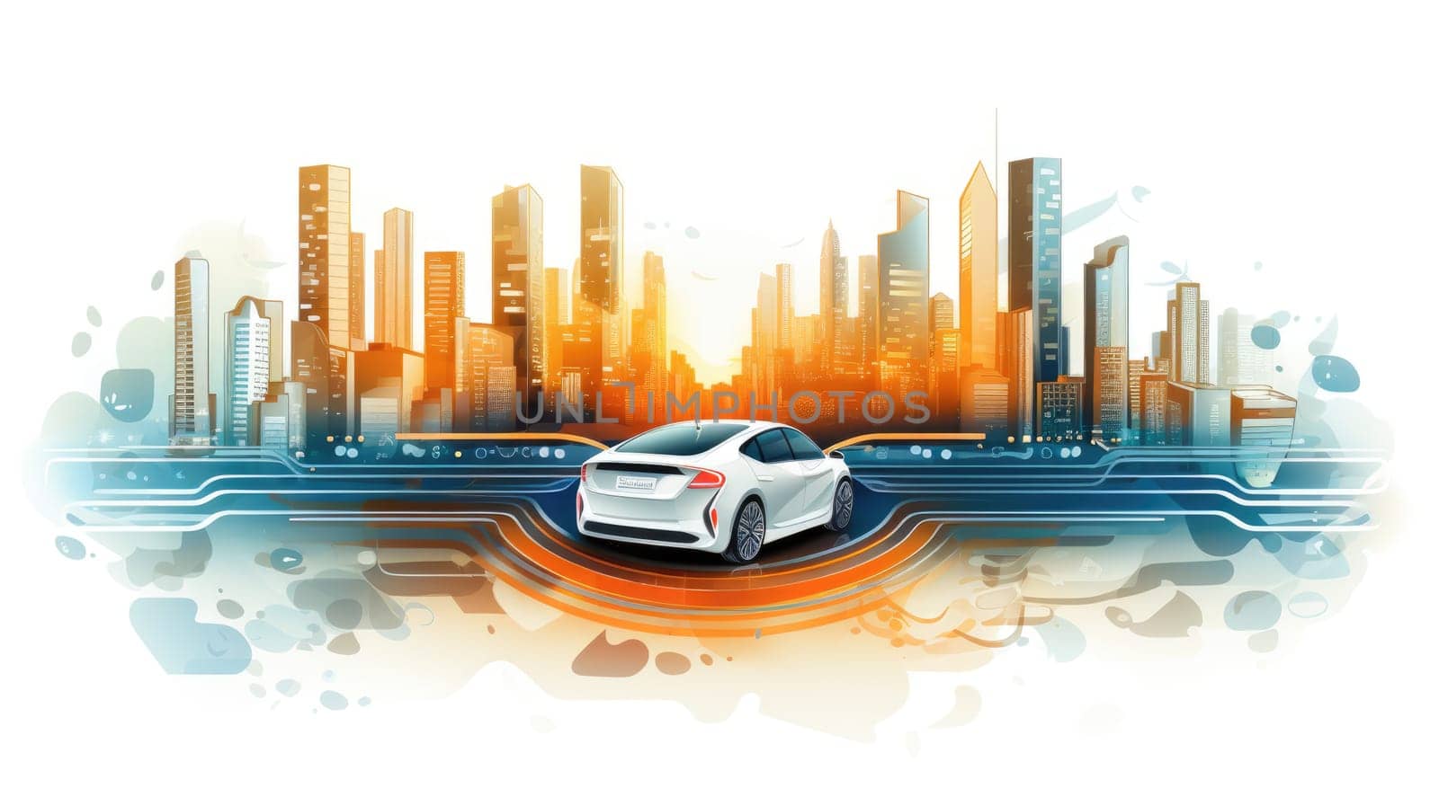 Autonomous vehicles cartoon illustration - AI generated. Cars, road, city street