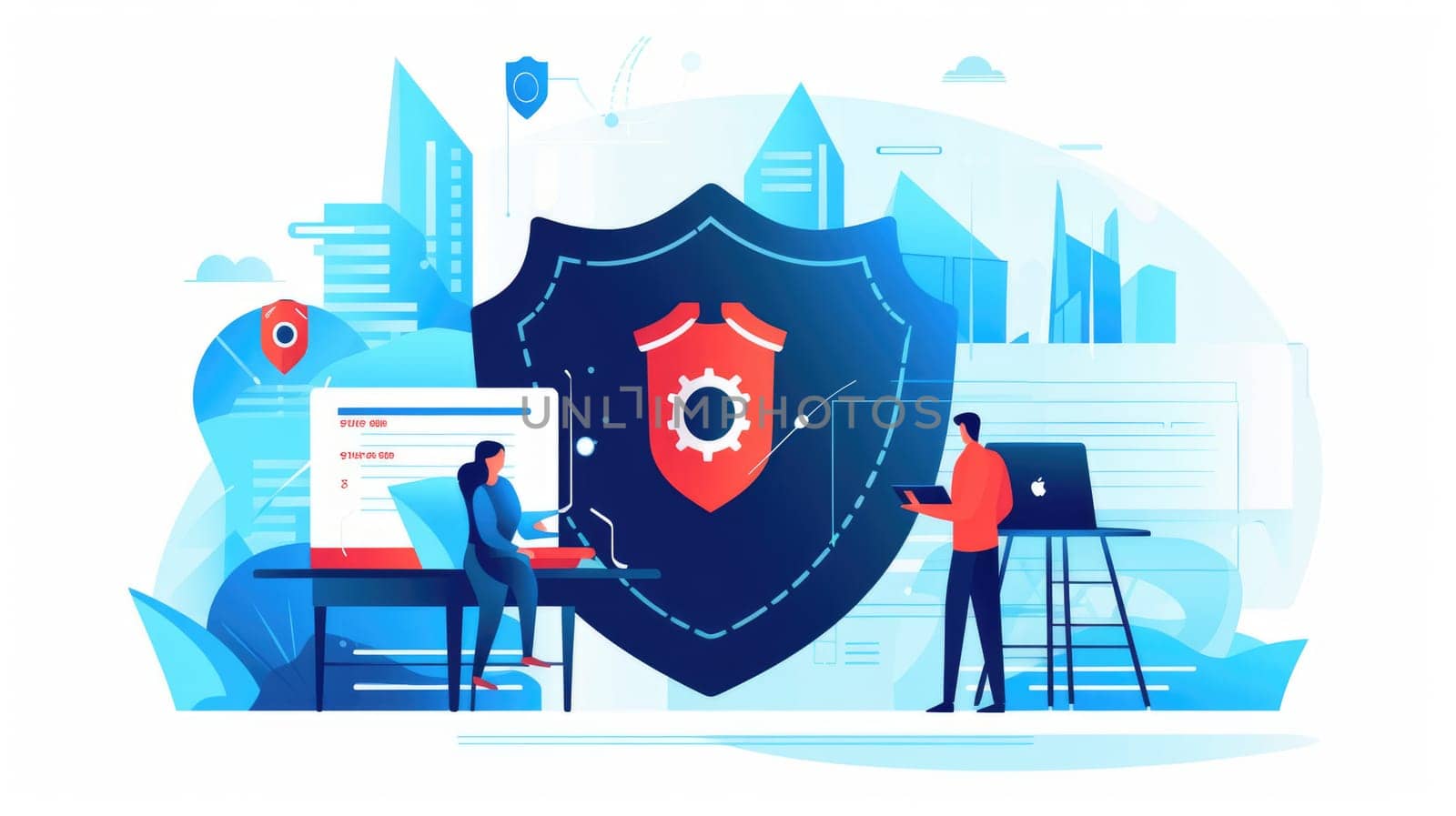 Cybersecurity defense cartoon illustration - Generative AI. Padlock, people, building, blue. by simakovavector