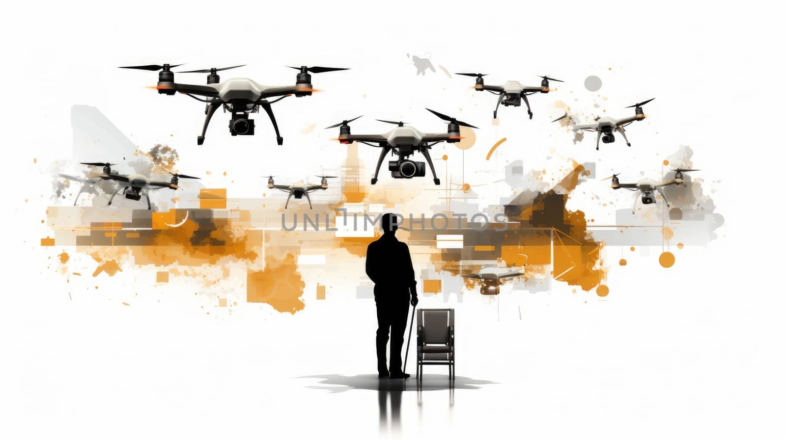 Drone technology cartoon illustration - Generative AI. Drones, flying, man, chair. by simakovavector