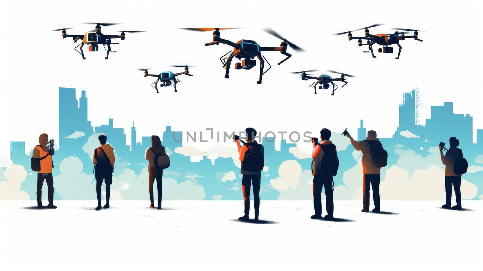 Drone technology cartoon illustration - Generative AI. Drones, flying, man, chair. by simakovavector
