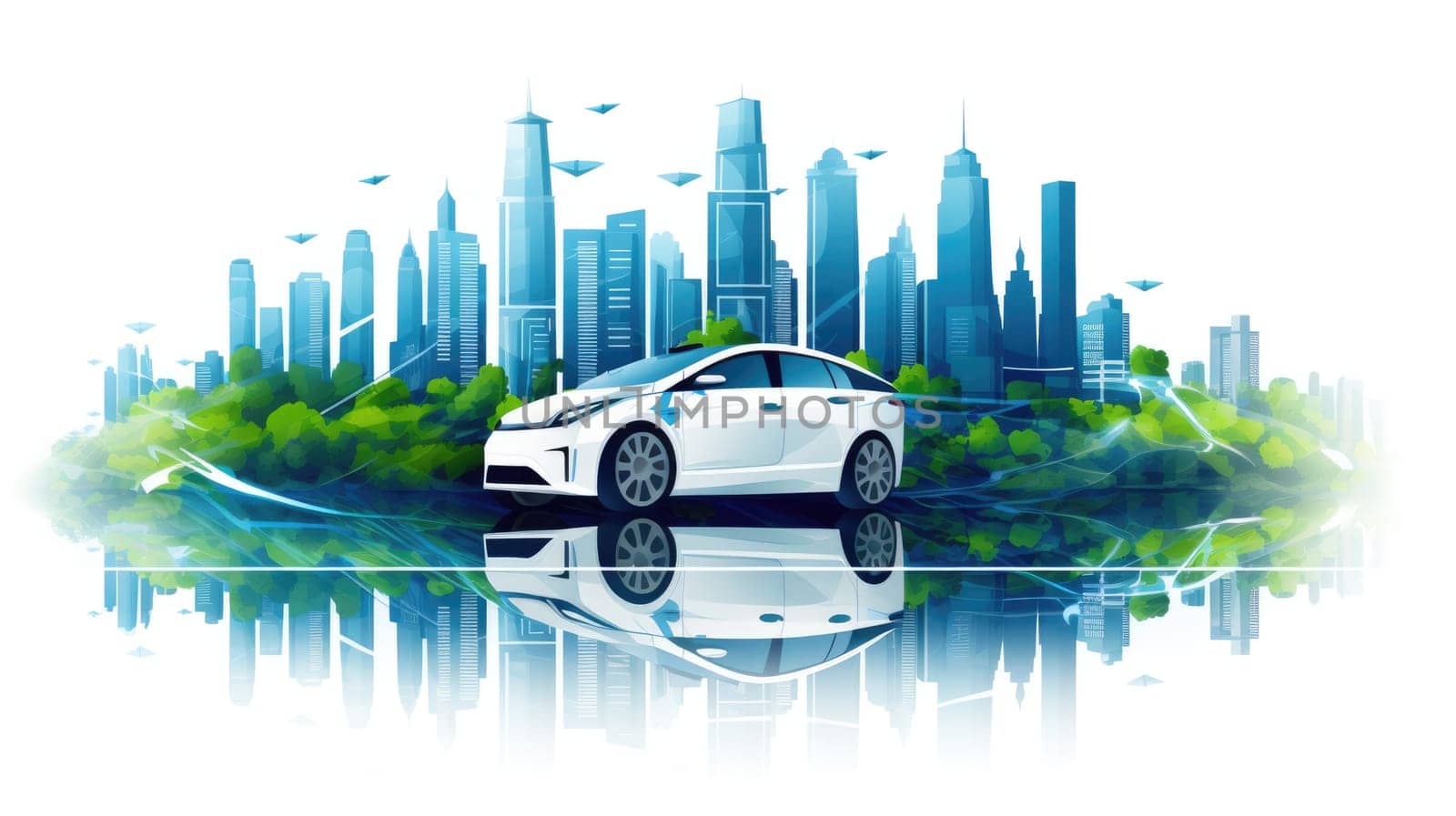 Electric vehicle cartoon illustration - AI generated. Electric, car, cityscape trees