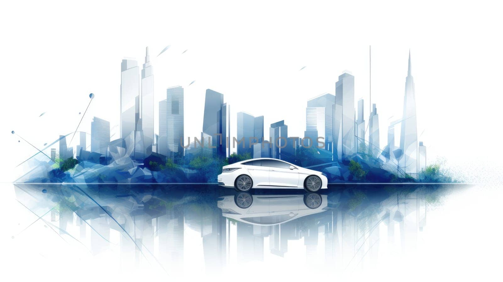 Electric vehicle cartoon illustration - Generative AI. Electric, car, cityscape, trees. by simakovavector