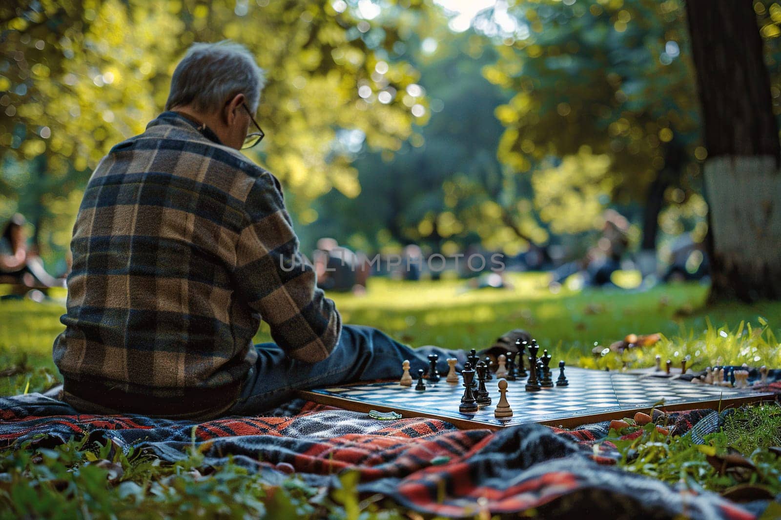 An elderly man sits in a park on the grass next to a chessboard. Retirement hobby concept.