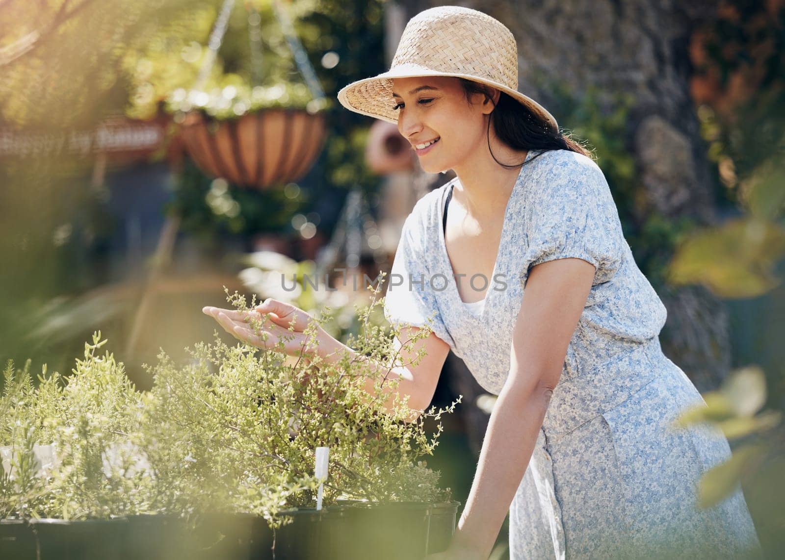 Smile, gardening and woman with plants in nature to check growth, ecology and sustainability in summer at startup. Happy person, florist and nursery with organic flowers or leaf at small business.