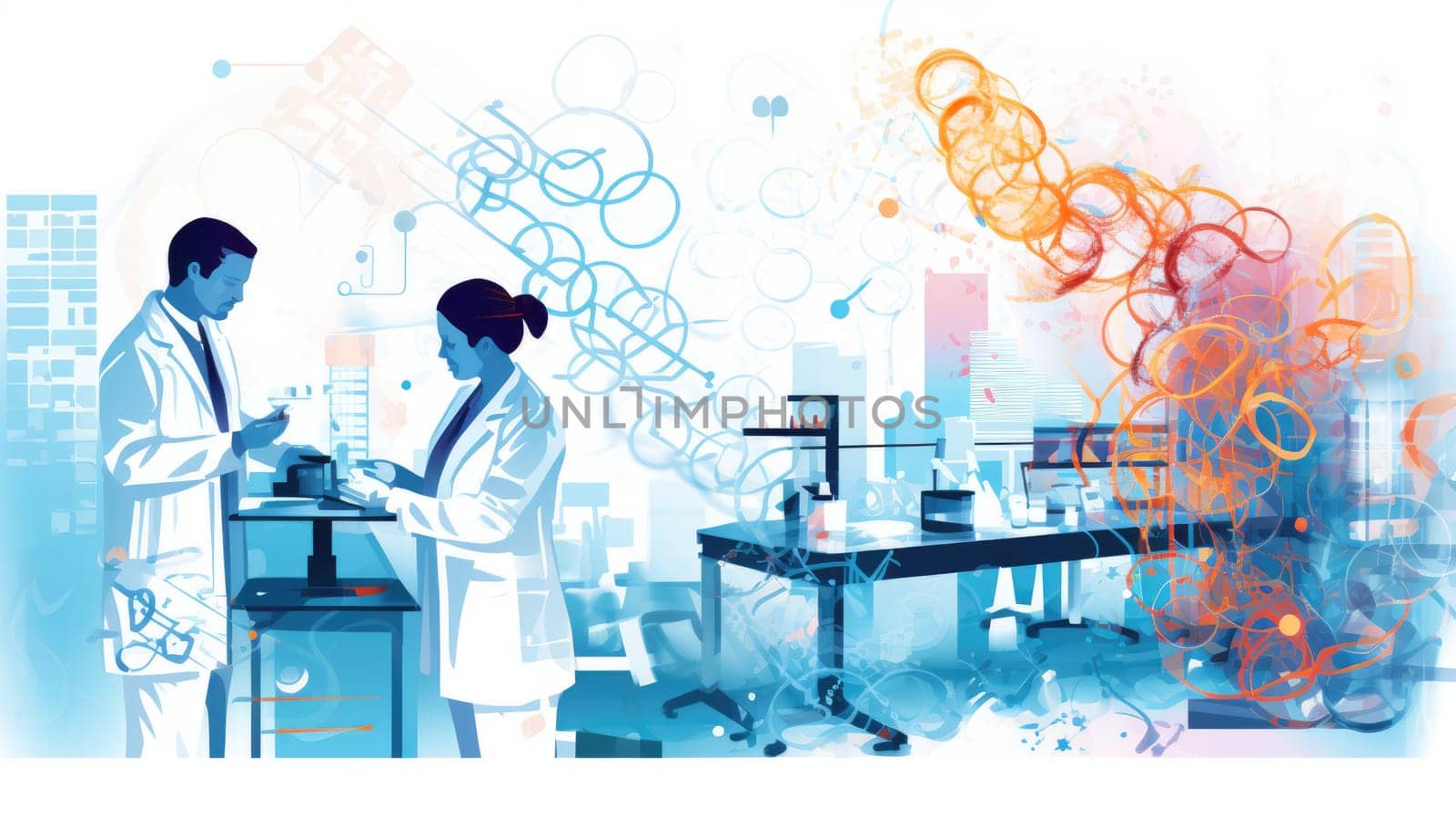 Genetic engineering lab scientists cartoon illustration - AI generated. Scientists, laboratory, man, woman.