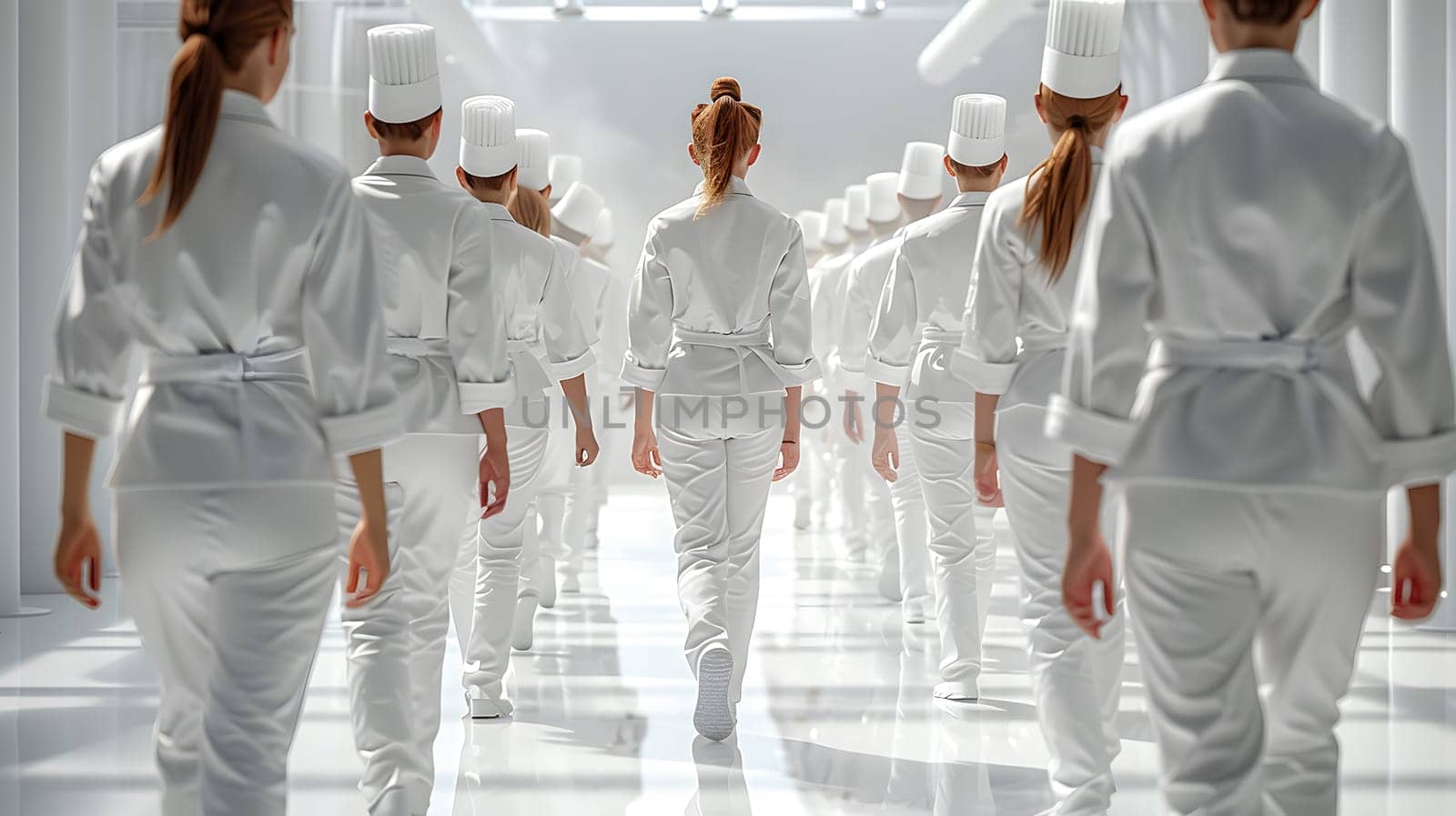 A team of individuals in white uniforms is strolling down a corridor, their sleeves neatly pressed and their gestures synchronized. Their fashion design exudes a sense of unity and professionalism